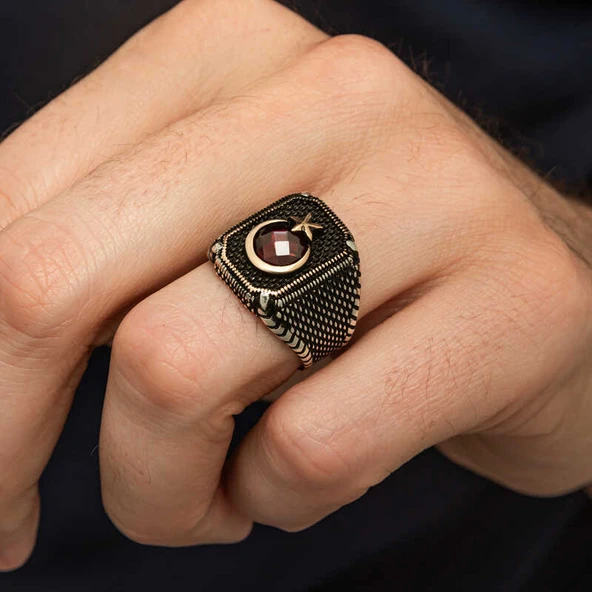 Gümüş Kırmızı Taşlı Ay Yıldız Erkek Yüzük - 3