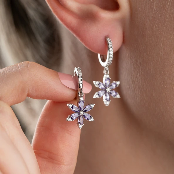 925 Ayar Gümüş Mor Taşlı Çiçek Küpe - 3