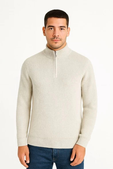 Erkek Yarım Fermuarlı Triko Kazak – Selanik Örgü, Dik Yaka, Pamuklu Dokuma, Regular Fit Uzun Kollu Kışlık Model - Bej - 2