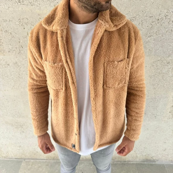 Erkek Pelüş Polar Hırka Gömlek – Yakalı, İlik Düğmeli, Göğüs Cepli, Yumuşak Dokulu Kışlık Regular Fit Rahat Günlük Model - Açık Kahve - 2