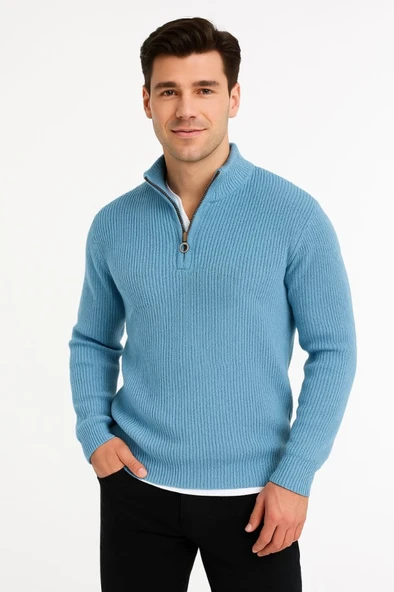 Erkek Yarım Fermuarlı Triko Kazak – Selanik Örgü, Dik Yaka, Pamuklu Dokuma, Regular Fit Uzun Kollu Kışlık Model - Bebe Mavisi
