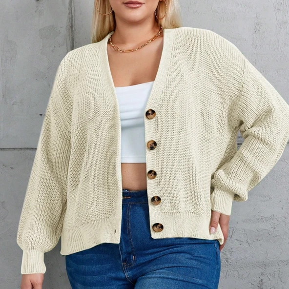 Kadın Beş Düğme Büyük Beden Triko Hırka - 2