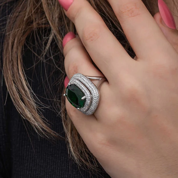 Gümüş Yeşil Zirkon Taşlı Kadın Yüzük - Resim 5