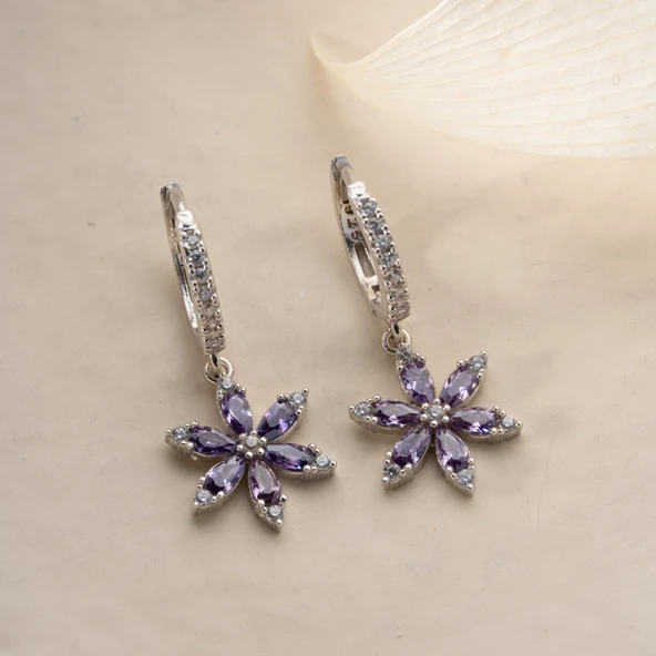 925 Ayar Gümüş Mor Taşlı Çiçek Küpe - 6