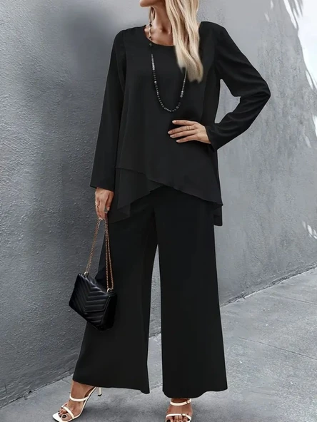 Kadın Uzun Kollu Asimetrik Detaylı Salaş Sandy Bluz Ve Pantolon Ikili Takım ürün görseli