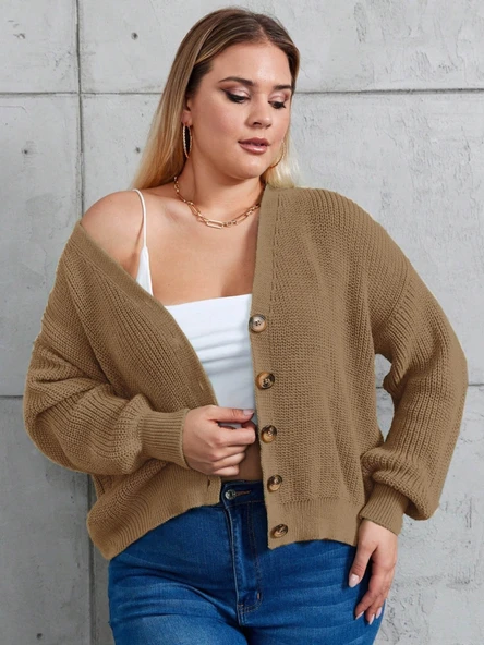 Kadın Beş Düğme Büyük Beden Triko Hırka - 3