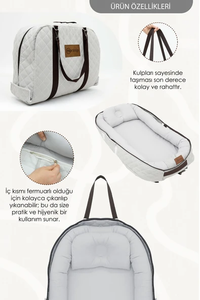 Bebek Yatağı, Bebek Yuvası, Babynest, 0-24 Ay Kullanım, Baş Yastıklı Kanvas Kılıf Deluxe Adorn Serisi, Gri - 4