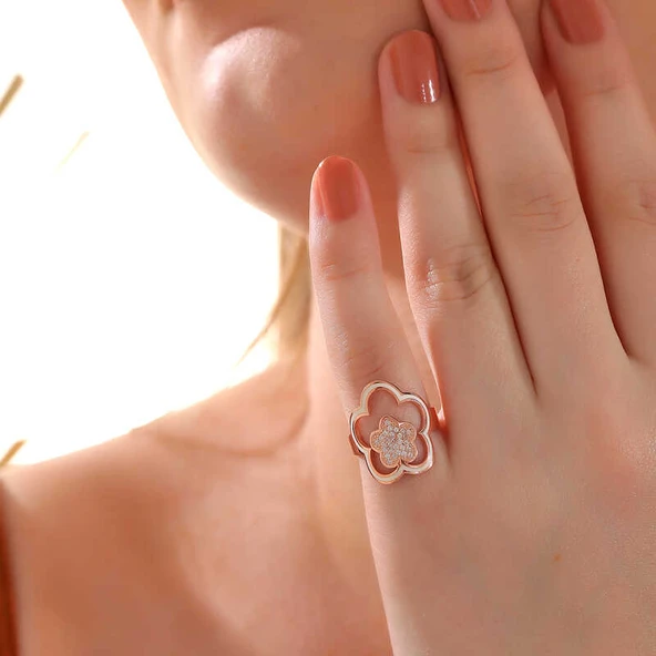 Gümüş Rose Çiçek Desenli Kadın Yüzük - 2