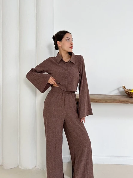 Gömlek yaka kaplama düğmeli takım kahve - 2