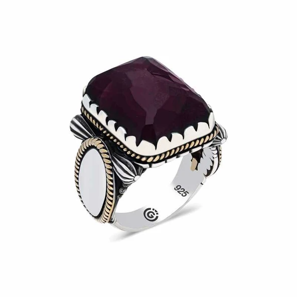 ​Gümüş Bordo Taşlı Köşeli Erkek Yüzük ürün görseli 1