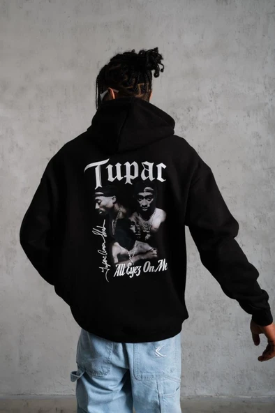 Erkek Oversize Üç İplik Kapüşonlu Sweat – Siyah Kol Ve Etek Ribana Detaylı, Ön Ve Sırt Baskılı, Kanguru Cepli Rahat Kalıp Model - 2