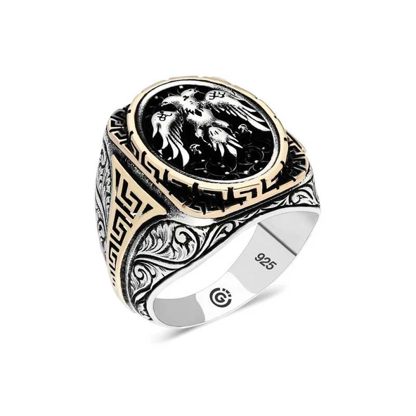 Gümüş Çift Başlı Kartal Oval Erkek Yüzük ürün görseli