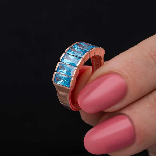 Gümüş Rose Baget  Aquamarine Taşlı Kadın Yüzük ürün görseli