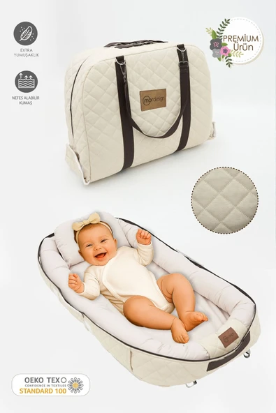 Bebek Yatağı, Bebek Yuvası, Babynest, 0-24 Ay Kullanım, Baş Yastıklı Kanvas Kılıf Deluxe Adorn Serisi, Bej