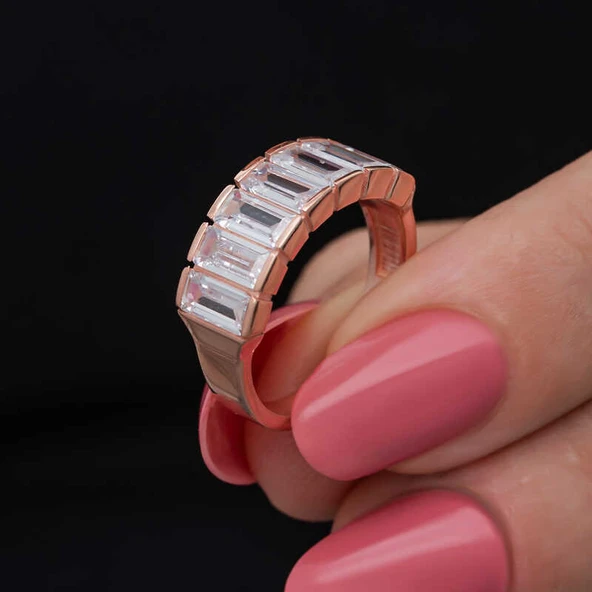 Gümüş Rose Baget  Beyaz Taşlı Kadın Yüzük ürün görseli