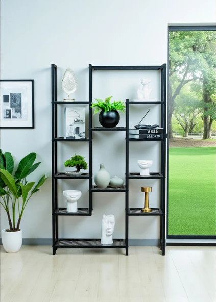 DEKORATİF SİYAH METAL KİTAPLIK 12 RAFLI ÜNİTE ÇOK AMAÇLI STAND SALON VE ÇALIŞMA ODASI DÜZENLEYİCİ - 6
