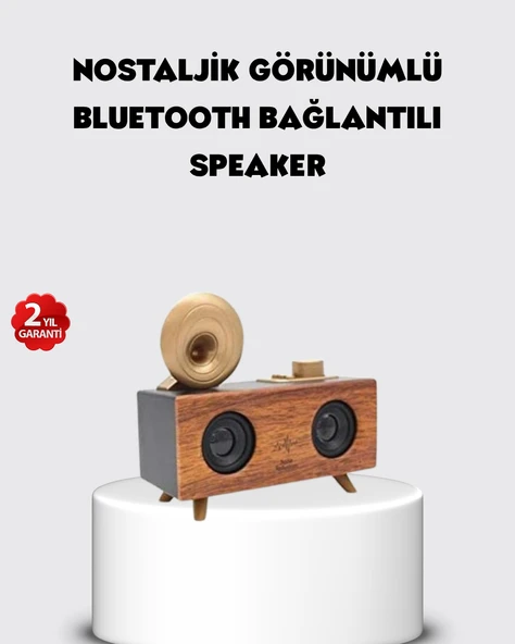 Retro Gramofon Tasarımlı Bluetooth Hoparlör – 3D Stereo Ses, 1800 mAh Batarya