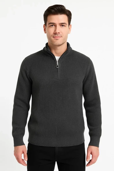 Erkek Yarım Fermuarlı Triko Kazak – Selanik Örgü, Dik Yaka, Pamuklu Dokuma, Regular Fit Uzun Kollu Kışlık Model - Füme - 2
