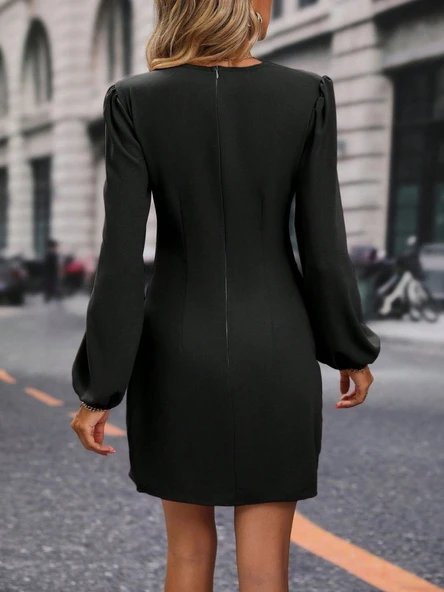 Kadın Uzun Kollu Kruvaze Yakalı Yanlardan Büzgü Detaylı Ithal Krep Kısa Elbise - Resim 3
