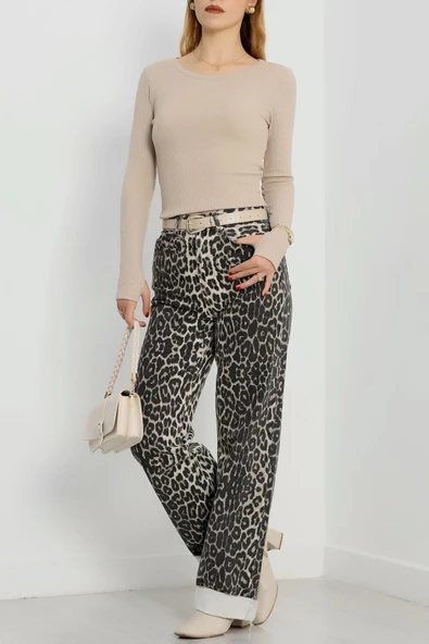 Bisiklet Yaka Parmak Geçmeli Kaşkorse bluz bej - Resim 2