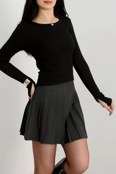 Bisiklet Yaka Parmak Geçmeli Kaşkorse bluz siyah - Resim 4