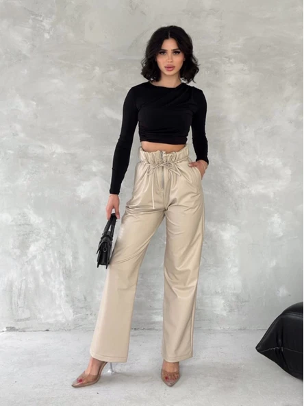 Kendinden ince kemerli deri pantolon bej - Resim 5