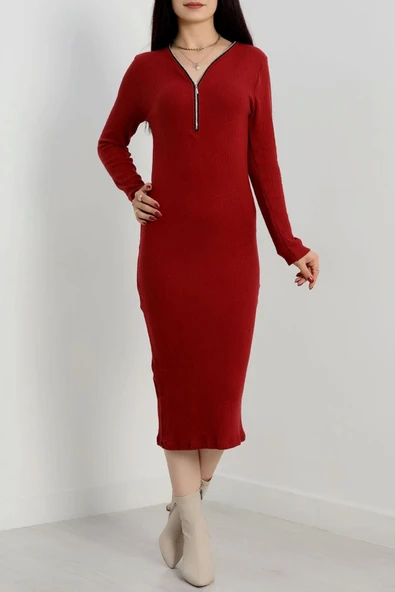 Fermuar detaylı fitilli şardonlu elbise bordo ürün görseli 1