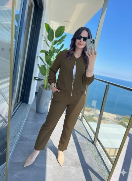 Kadın Uzun Kollu önden Fermuarlı Modal Ceket Ve Pantolon Ikili Takım - Resim 4