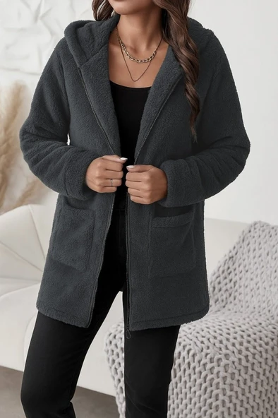 Kadın Uzun Kollu Kapşonlu önden Fermuarlı Cepli Welsoft Ceket - 2