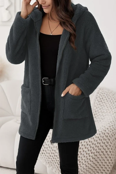 Kadın Uzun Kollu Kapşonlu önden Fermuarlı Cepli Welsoft Ceket