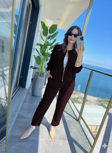 Kadın Uzun Kollu önden Fermuarlı Modal Ceket Ve Pantolon Ikili Takım - Resim 2