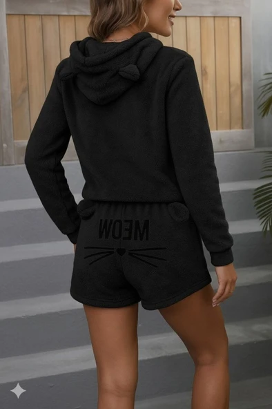 Kadın Uzun Kollu Kapşonlu Peluş Bluz Ve Kısa Short Ikili Takım - 4