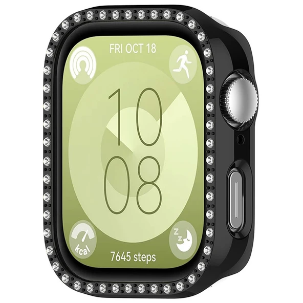 Huawei Watch Fit 3 İle Uyumlu Zarif Kristal Taşlı Kasa Koruyucu Kılıf  Siyah - Resim 4