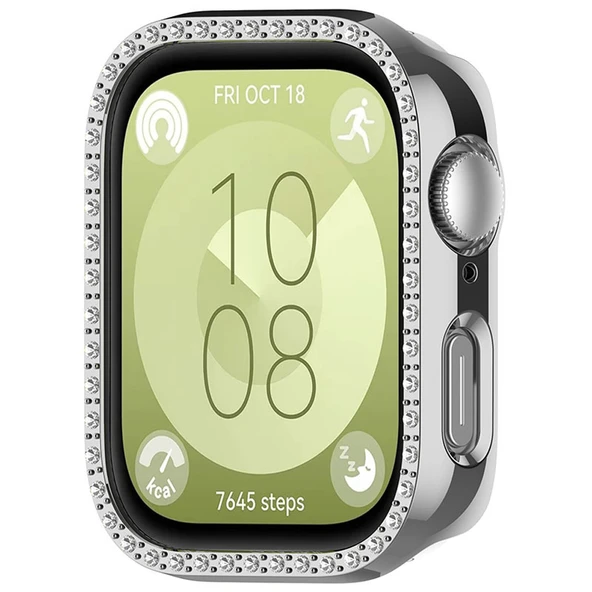 Huawei Watch Fit 3 İle Uyumlu Zarif Kristal Taşlı Kasa Koruyucu Kılıf  Gümüş - Resim 4