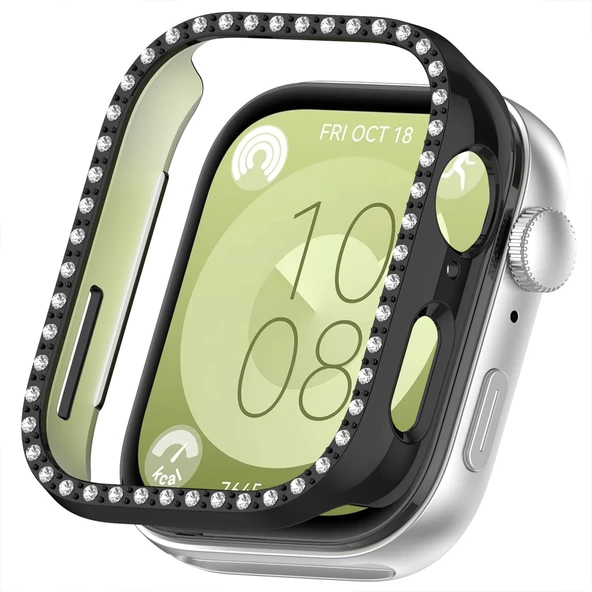 Huawei Watch Fit 3 İle Uyumlu Zarif Kristal Taşlı Kasa Koruyucu Kılıf  Siyah ürün görseli