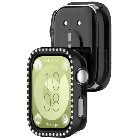 Huawei Watch Fit 3 İle Uyumlu Zarif Kristal Taşlı Kasa Koruyucu Kılıf  Siyah - Resim 2