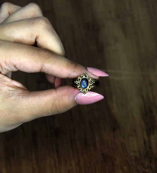 Doğal Taş Labradorit Doğal Taşlı Antik Model Kadın Ayarlanabillir Yüzük euy71lbt - Resim 3
