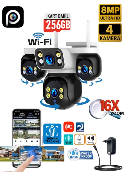 Ventus ES-5804 256GB 8MP 4 Kameralı Wifi  16X Zoom HiEasy Gece Görüş Çift Yönlü Ses Uzaktan İzleme Kişi Takibi Türkçe
