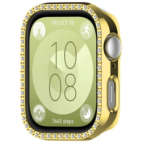 Huawei Watch Fit 3 İle Uyumlu Zarif Kristal Taşlı Kasa Koruyucu Kılıf  Gold - Resim 4