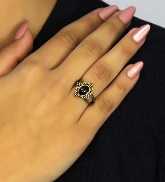 Doğal Taş Oniks Doğal Taşlı Antik Model Kadın Ayarlanabillir Yüzük euy71o - Resim 2