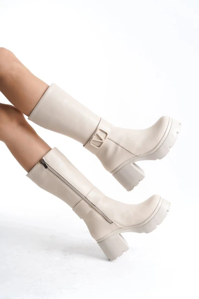 BİÇOMİ Moki Bej Cilt Topuklu Çizme ürün görseli 1