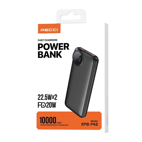 Recci RPB-P48 PD 20W Dijital LED Göstergeli Hızlı Şarj Özellikli Taşınabilir Powerbank 22.5W 10000mAh - 11