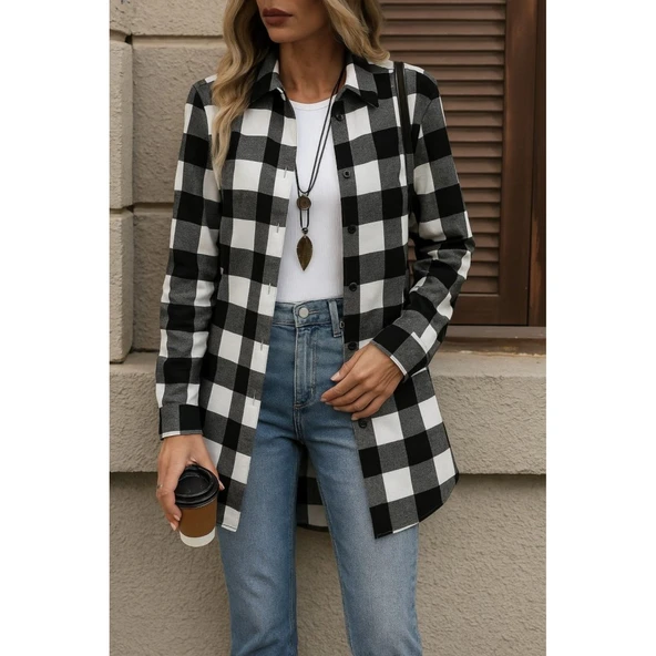 Lucky Life Kadın Uzun Kollu Ekoseli önden Düğmeli Dokuma Uzun Gömlek - 2