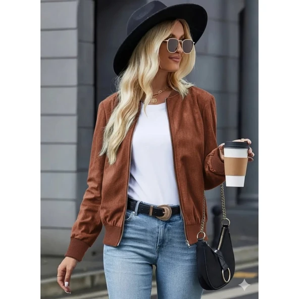 Lucky Life Kadın Uzun Kollu önden Fermuarlı Süet Ceket