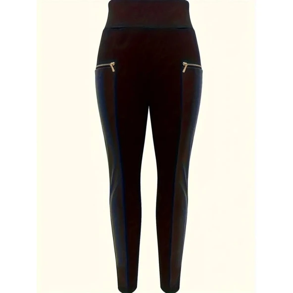 Lucky Life Kadın Yüksek Bel Deri Detaylı Fermuarlı Dalgıç Tayt - 3