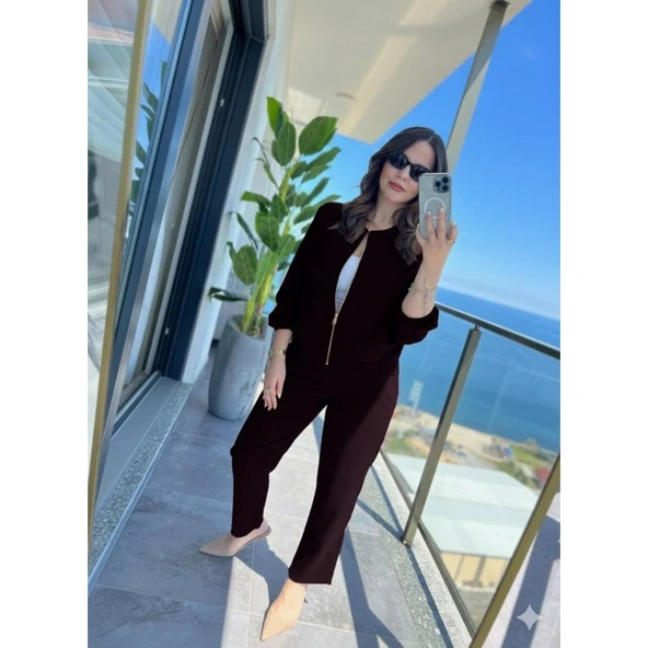 Lucky Life Kadın Uzun Kollu önden Fermuarlı Modal Ceket Ve Pantolon Ikili Takım - Resim 3