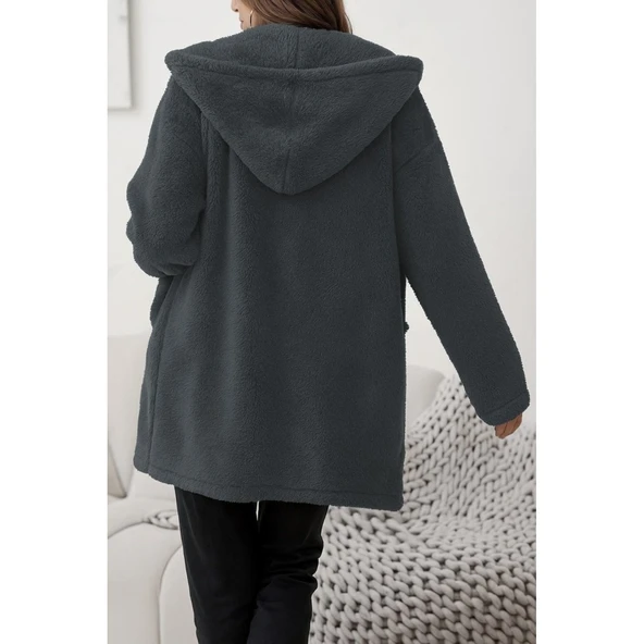 Lucky Life Kadın Uzun Kollu Kapşonlu önden Fermuarlı Cepli Welsoft Ceket - 4