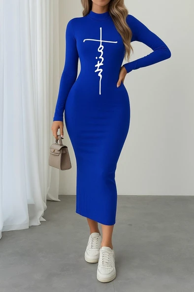 Lucky Life Kadın Uzun Kollu Boğazlı Baskı Detaylı Viskon Tam Boy Elbise - Resim 3