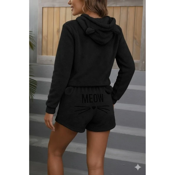 Lucky Life Kadın Uzun Kollu Kapşonlu Peluş Bluz Ve Kısa Short Ikili Takım - 2