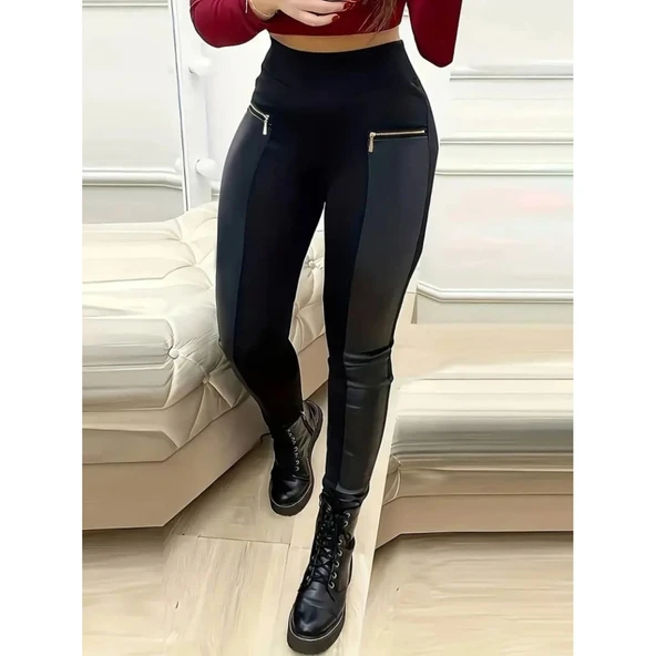 Lucky Life Kadın Yüksek Bel Deri Detaylı Fermuarlı Dalgıç Tayt